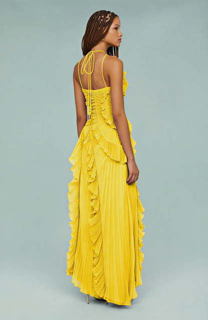Aveline | Pleated Frill Halter Neck Maxi Dress