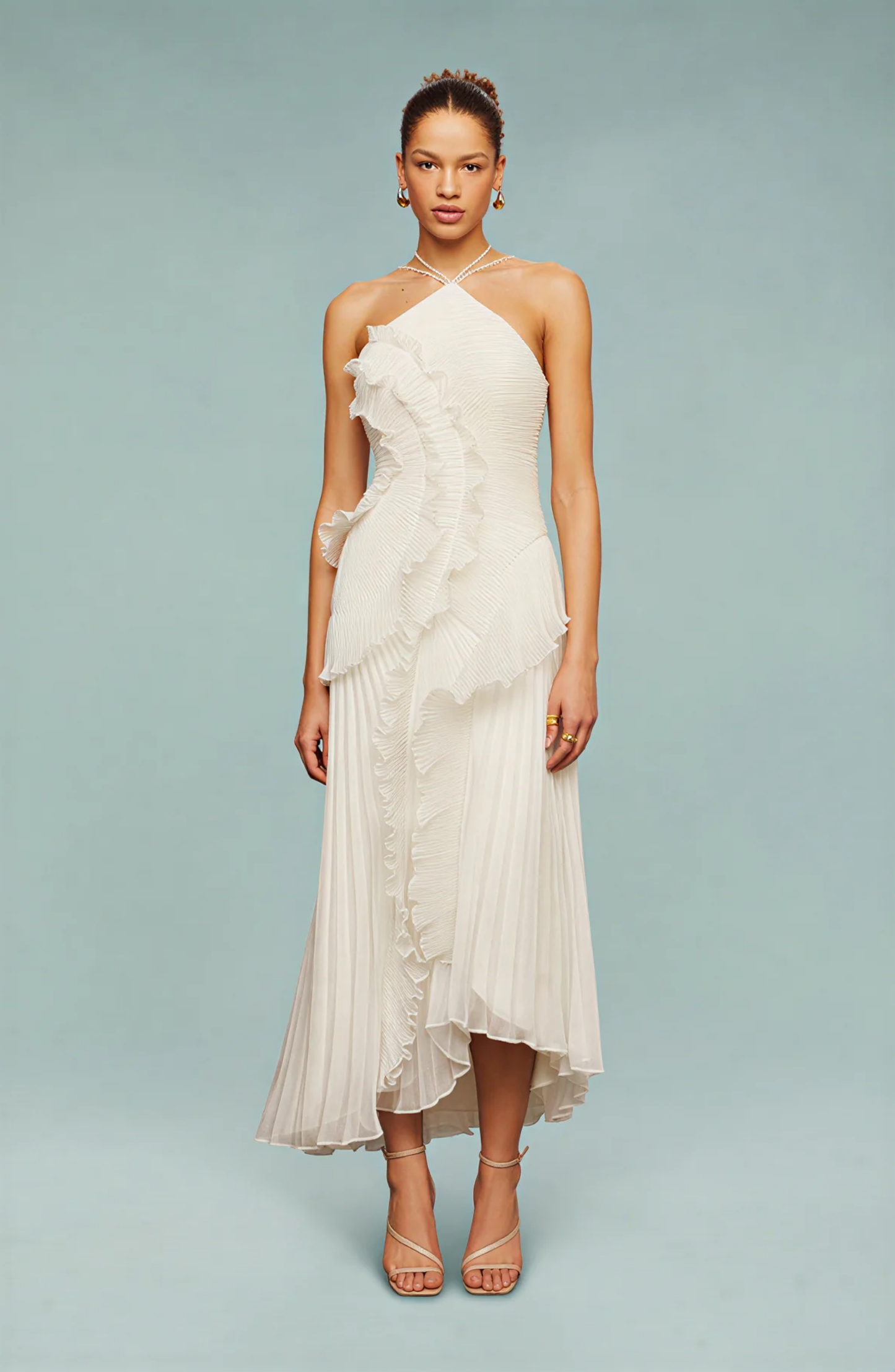 Aveline | Pleated Frill Halter Neck Maxi Dress