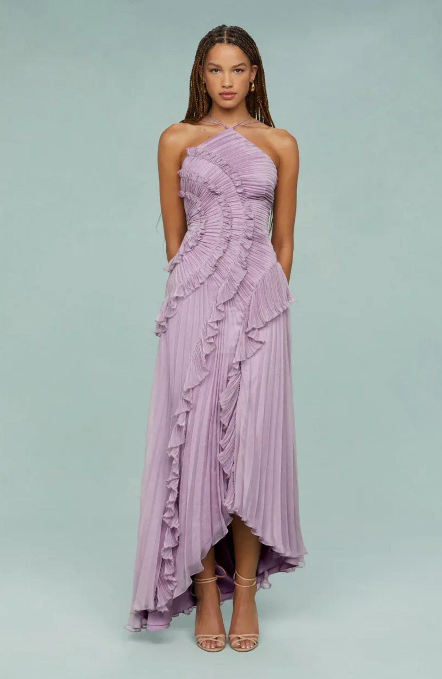Aveline | Pleated Frill Halter Neck Maxi Dress