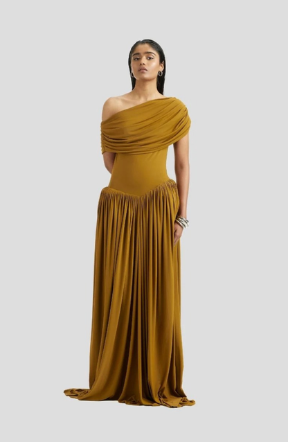 Marivelle | Ocher Draped One-Shoulder Maxi Dress