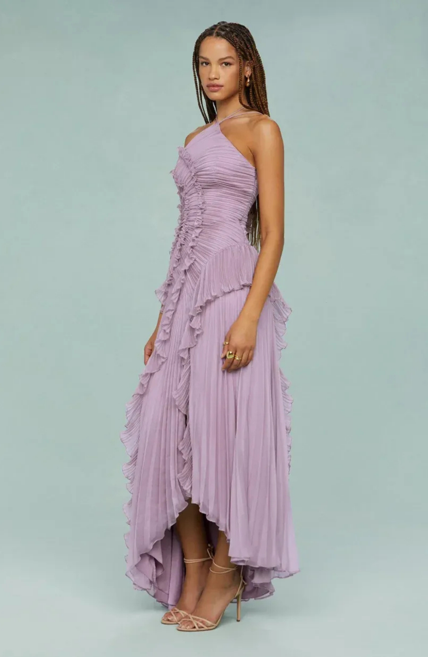 Aveline | Pleated Frill Halter Neck Maxi Dress