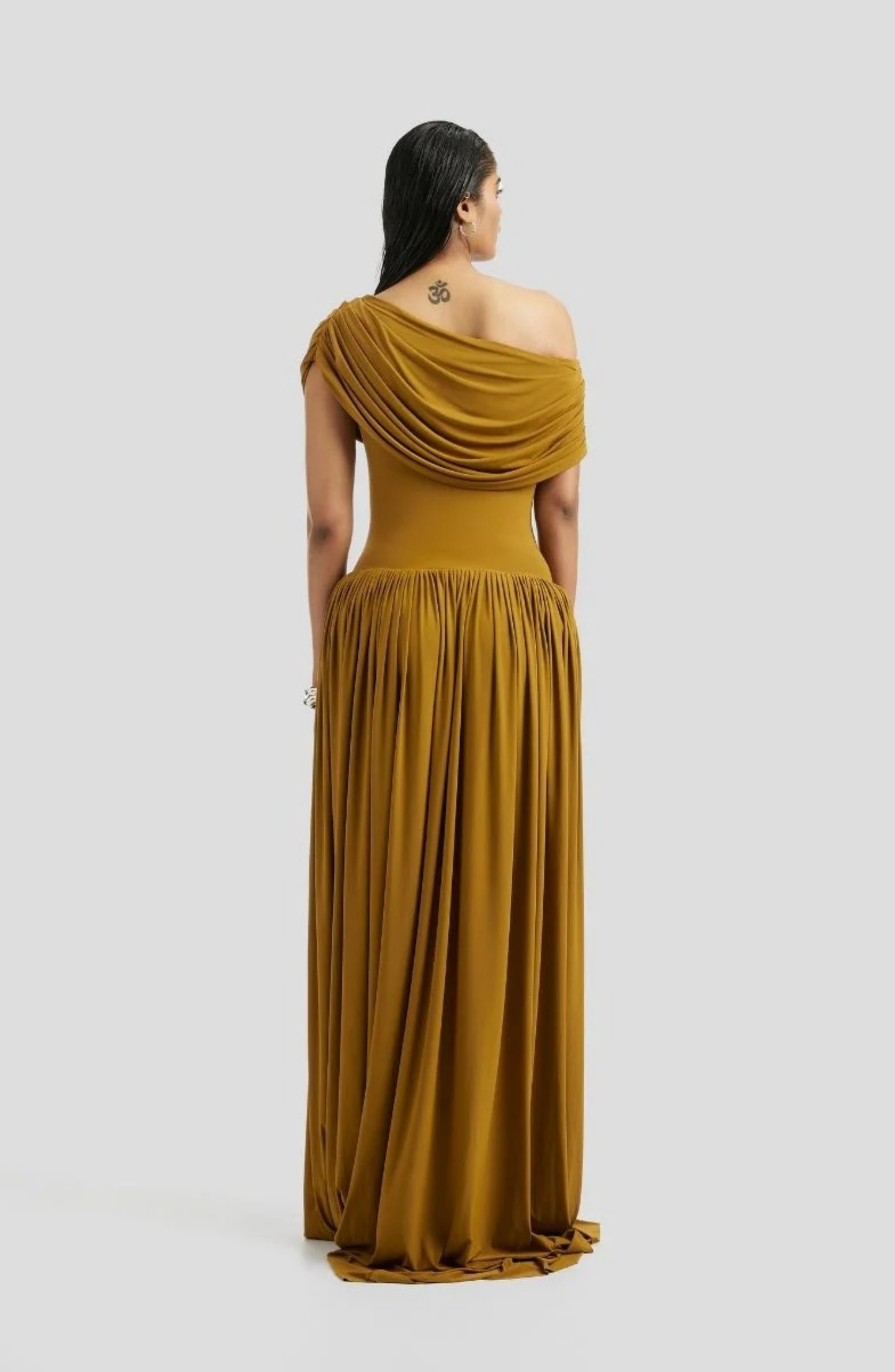 Marivelle | Ocher Draped One-Shoulder Maxi Dress