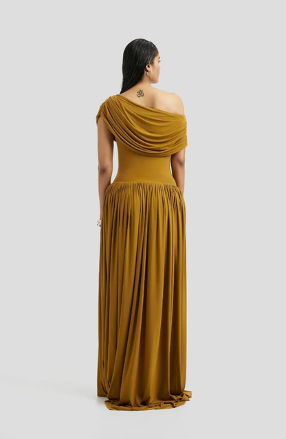 Marivelle | Ocher Draped One-Shoulder Maxi Dress