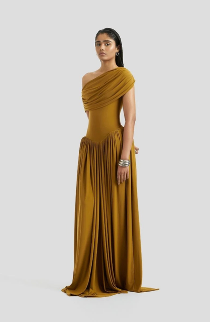 Marivelle | Ocher Draped One-Shoulder Maxi Dress