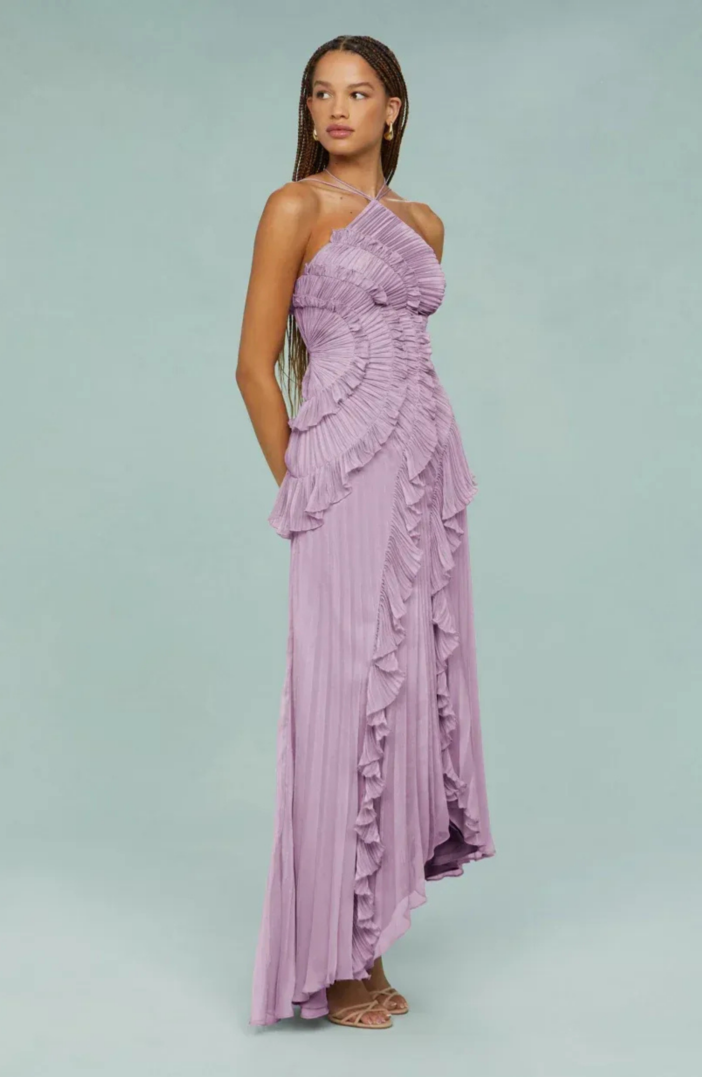 Aveline | Pleated Frill Halter Neck Maxi Dress