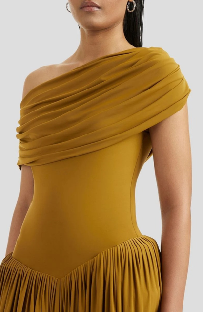 Marivelle | Ocher Draped One-Shoulder Maxi Dress