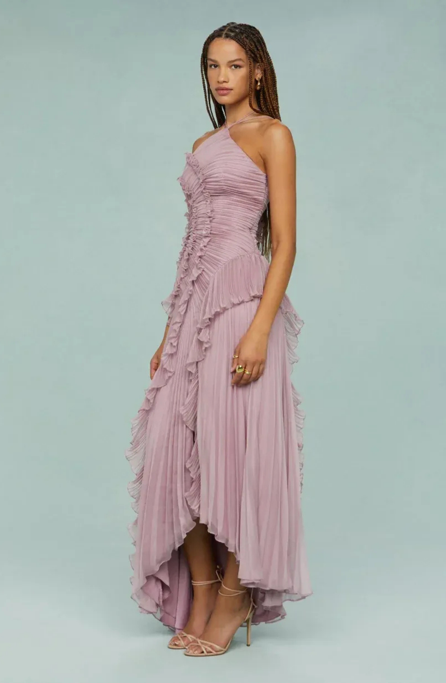 Aveline | Pleated Frill Halter Neck Maxi Dress