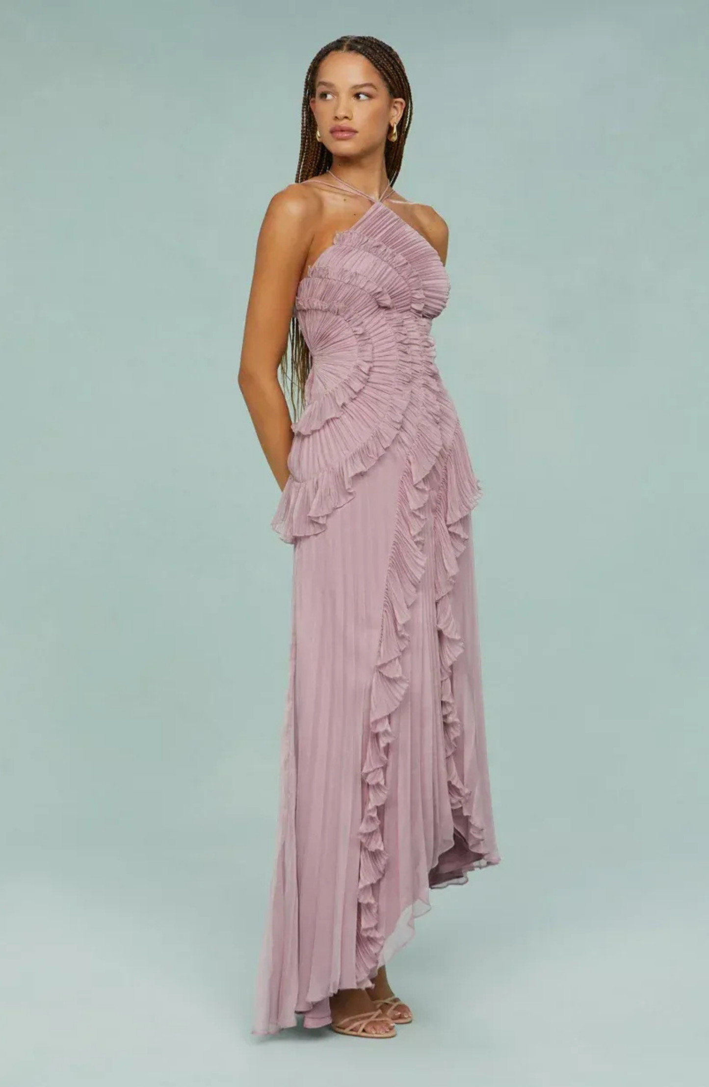 Aveline | Pleated Frill Halter Neck Maxi Dress