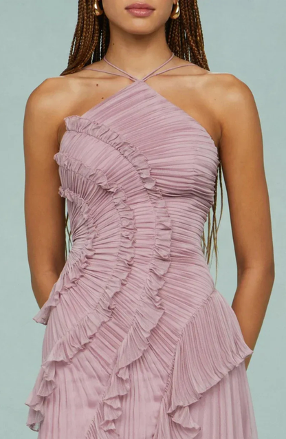 Aveline | Pleated Frill Halter Neck Maxi Dress