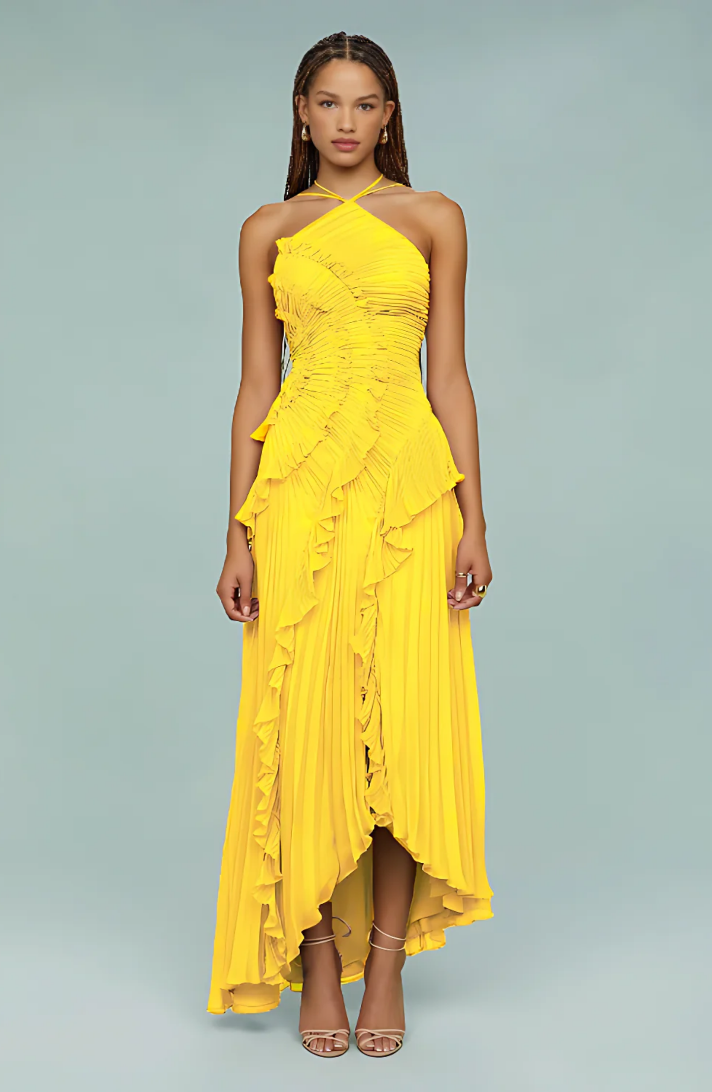 Aveline | Pleated Frill Halter Neck Maxi Dress