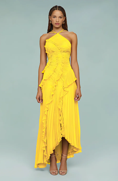 Aveline | Pleated Frill Halter Neck Maxi Dress